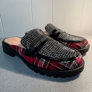 Betsey Johnson Ronin Plaid and Rhinestone Embellished Mule Loafers.